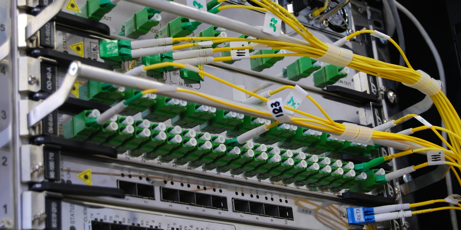 Fiber optic cables connected to a network switch